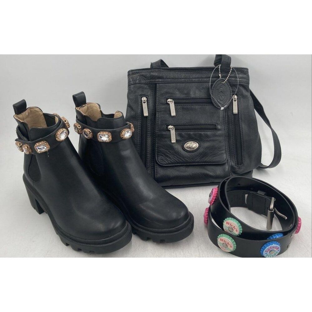 Steve Madden Amulet Boots, Stone Mountain Leather Bag, Bottle Cap Belt Bundle